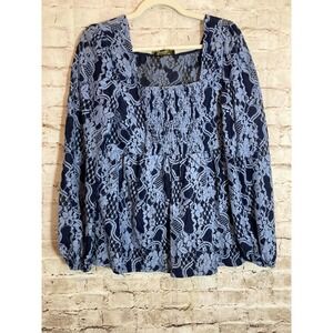 Suzanne Betro Babydoll Tunic Top Medium Lace Puff Sleeve Smocked Blue Romantic